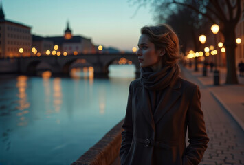 Woman by the river. A pensive woman in a coat and scarf stands by a river in a city at dusk, with lights in the background.