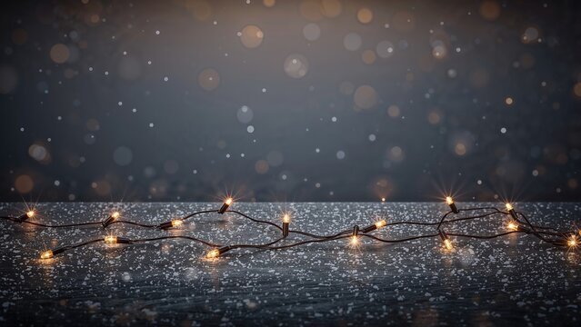 Winter holiday scene with snow gently falling and decorative lights on rustic wood - Card design with blank area for personalized text