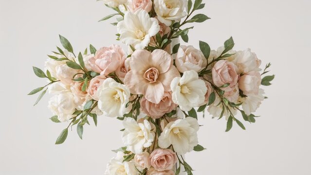 Decorative flower-adorned cross for first communion and Christian events