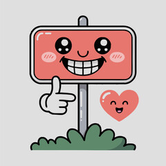 Cartoon sign with a smiling face pointing a finger next to a heart with a smiling face on a gray background