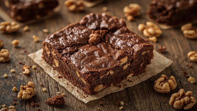 Brownies with chocolate and walnut on a textured surface