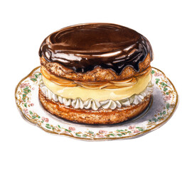 Charming Watercolor Illustration of a Delicious Boston Cream Pie
