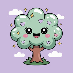 Illustration of a cartoon tree with a smiling face hearts and stars on a purple background with clouds