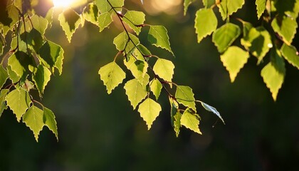 Fototapeta premium fresh green birch leaves backlit by the sun with sunbeams against a dark blurred background
