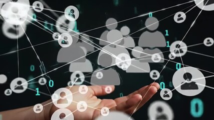 Network Connection Illustration of Open Hand Connecting People Figures with Binary Code in a Dark Background for Global Communication - Powered by Adobe
