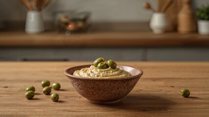 Creamy chickpea dip garnished with olives