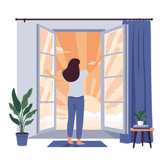 Woman stretching and opening window in early light