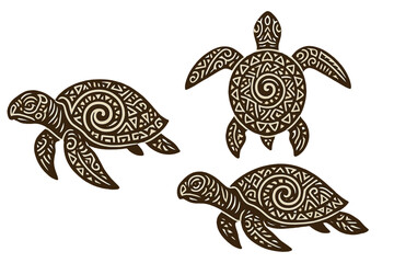 Three Unique Tribal Turtles in Various Poses with Intricate Stylized Patterns, Ancient Art Influence, Vector Illustration, Ethnic Turtle Design, Symbolic Wildlife, Nature Art