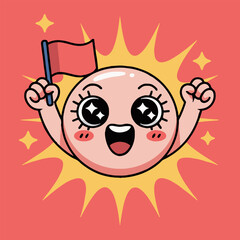Cartoon character with star eyes smiles and raises arms holding a flag on a red background with stars