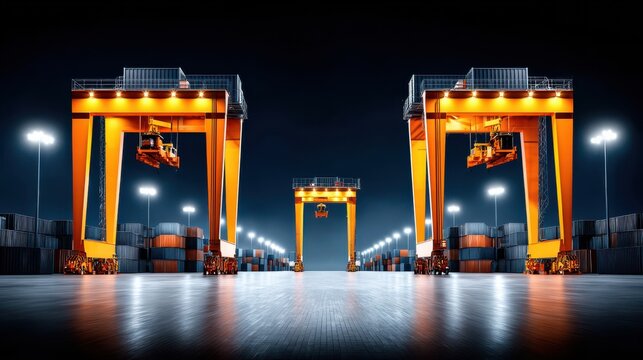Night view of modern container port with illuminated gantry cranes and shipping containers. Global logistics and freight transportation.