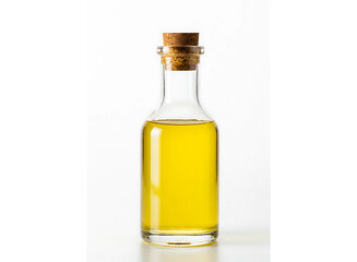 Small glass bottle filled with golden yellow liquid and cork stopper