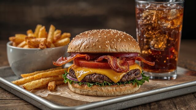 Burger with cheese, served with fries and a cold soda
