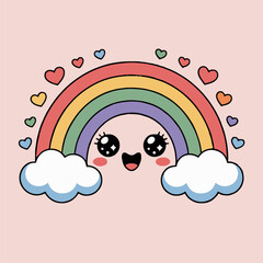 A cartoon rainbow with a cute face and clouds surrounded by colorful hearts on a pink background