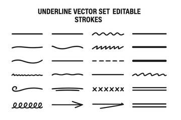 Hand drawn underline set. Vector highlight marker strokes for text. Brush, pen, and pencil lines collection. Doodle dividers, squiggles, and arrows. Editable paths.