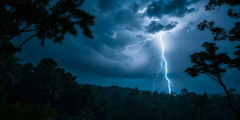 A dramatic thunderstorm with lightning strikes over a dark forest at night time landscape view