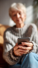 Senior Woman Smiling While Holding Smartphone at Home