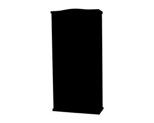 Silhouette of an ornate and dark display case or cabinet on white