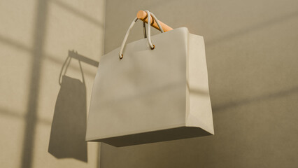 3D render mockup of elegant white paper shopping bag with rope handles and shadow on neutral background