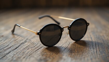 tylish Round Black Sunglasses with Gold Frame on Wooden Table for Summer Fashion, Accessory Display, and Eyewear Product Design