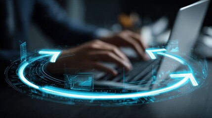 Man's hands typing on a laptop keyboard surrounded by a glowing blue circular arrow graphic overlay with data