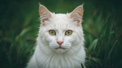 Obraz premium Close-up of a feline with emerald eyes lying on a grassy surface