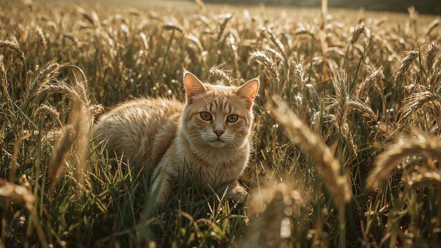 Kitten wandering amidst tall wheat stalks