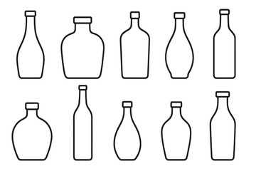 Bottle silhouette line icon set. Collection of alcohol beverage containers. Simple vector graphic for drinks, wine, whiskey, rum, gin, liquor. Glassware outline shapes.