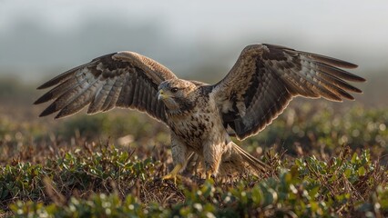 Hawk soaring and touching down