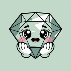 A cartoon diamond character with big eyes and white gloves on a light green background illustration