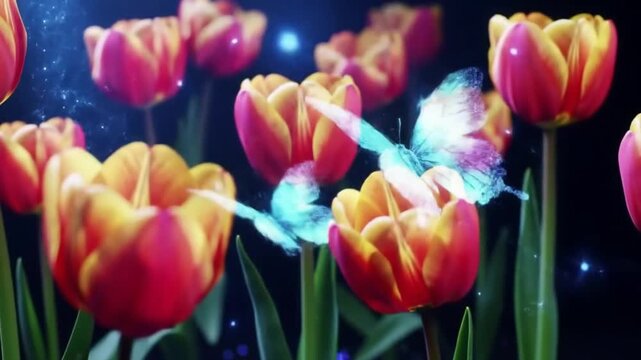 Glasswing Butterfly pass in orange tulip