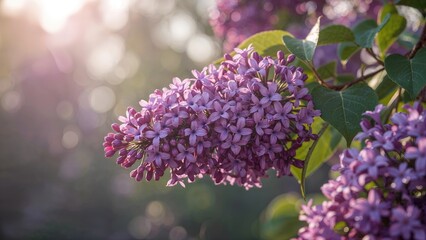 Springtime branch adorned with blooming purple lilac flowers in the garden
