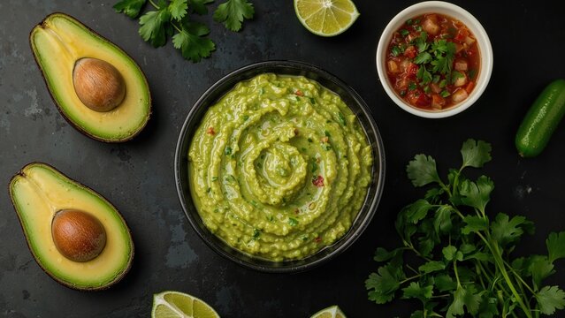 Black table showcasing a bowl filled with fresh guacamole - Powered by Adobe
