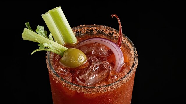 Tomato-based cocktail enhanced with black pepper and celery stalks presented with olives and onions against a dark backdrop