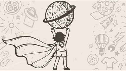 Illustration of a girl in a cape holding a planet with a ring with space themed doodles around her silhouette