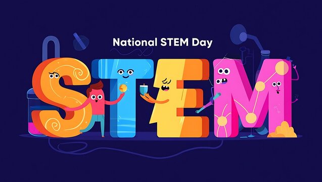 Colorful animated letters spelling S T E M with cartoon characters STEM National STEM Day