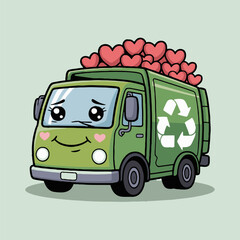 Cartoon green recycling truck with hearts on top and a cute smiling face on a light background