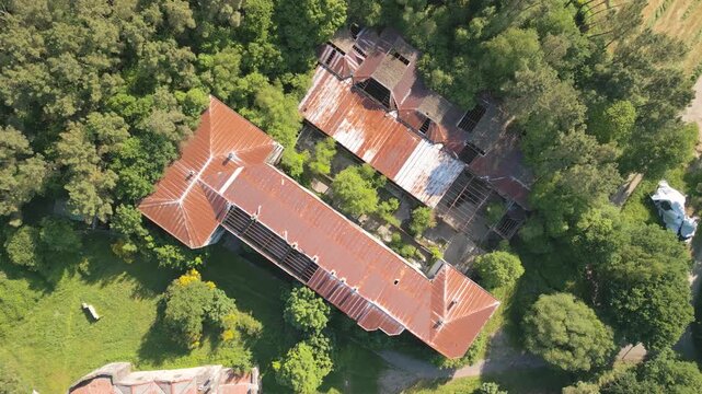 Campo Airsoft Olympo Sports Club In Ermita de F&aacute;tima, Chantada, Lugo, Spain. Aerial Topdown Shot