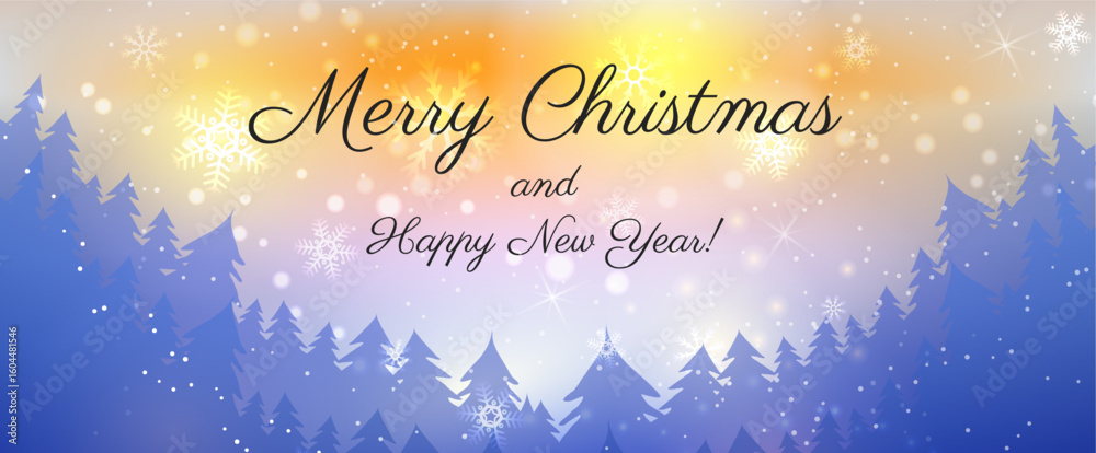 Fototapete defocused christmas lights background with abstract mountains with trees. sparkling background with 