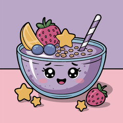 A cartoon smoothie bowl with a face topped with fruit and stars with a striped straw on pink background