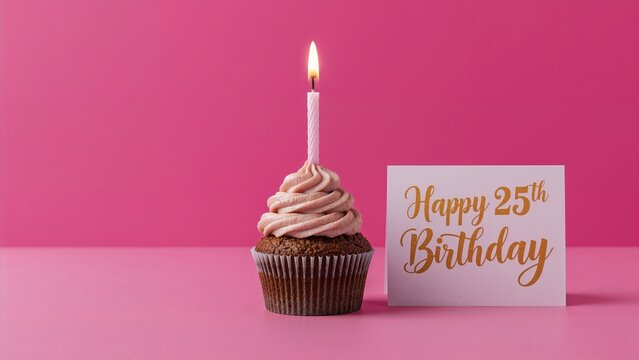 Celebratory card featuring a cupcake with a 25 candle on a pink backdrop