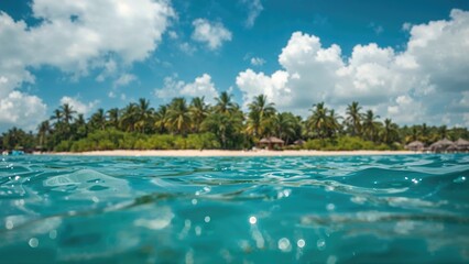 Obraz premium Out-of-focus sea in front of vibrant tropical nature
