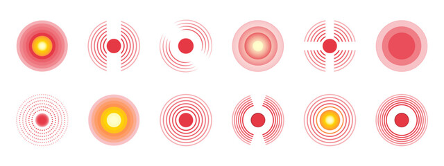 A set of red circle vector icons to indicate pain or a wave sound effect. A wavy dot symbol to indicate inflammation in the body or joint damage. Illustration for painkillers.