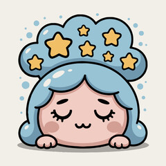A cartoon girl with blue hair and stars above her head sleeping peacefully on a white background