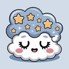 A cartoon cloud with stars and a sleeping face on a light blue background illustration art