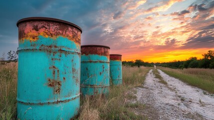 Obraz premium Rusty barrels stand along a dirt road at sunset near a grassy field