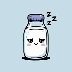 Cartoon milk bottle with a sleepy face and purple cap on a light blue background with zzz symbols