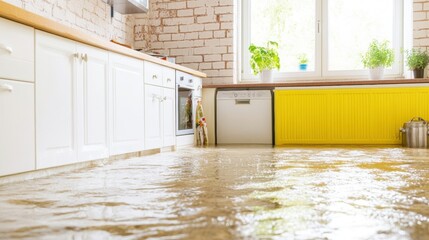Water covers the kitchen floor in a bright and modern home after flooding