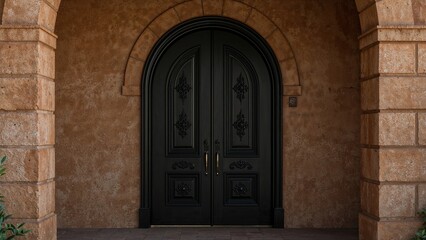 Entrance door painted black with assorted decorative arches