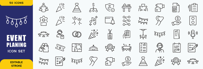 Event planning icon set. Containing decorations, venue, event planner, registration, entertainment, catering and invitations symbol. Solid icons collection. Vector illustration