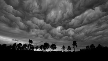 Dark mammatus clouds over silhouetted trees dark clouds stormy sky